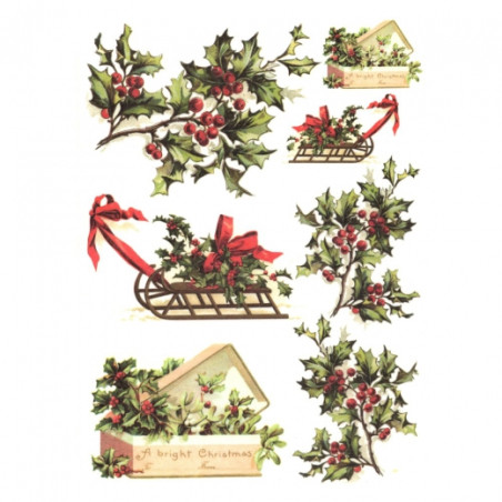 Rice decoupage paper holly A4 ITD R448