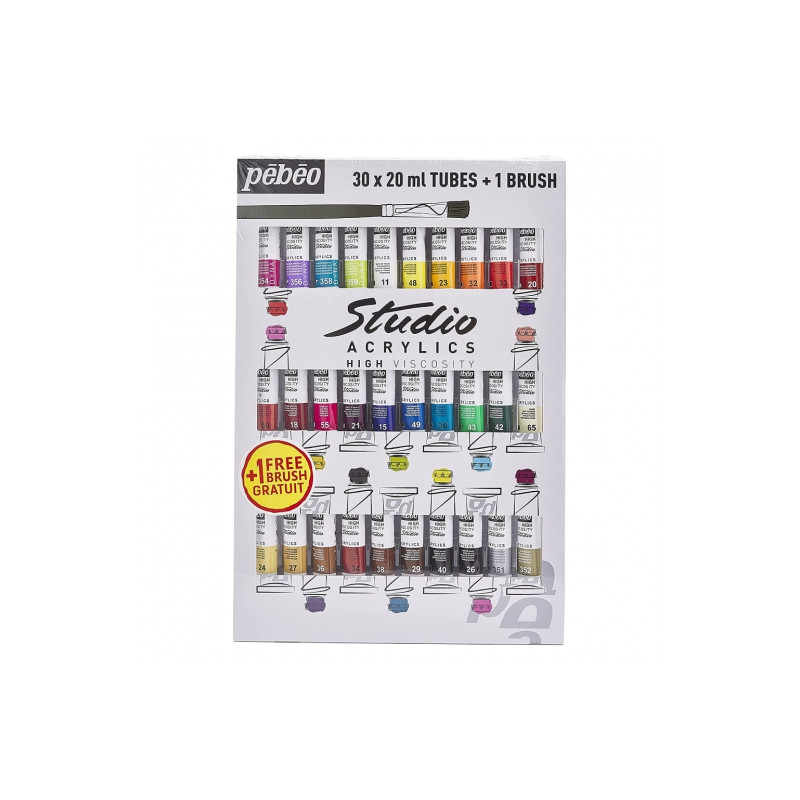 Pebeo studio zestaw farb akrylowych 30x20ml + pędzel - Sklep plastyczn