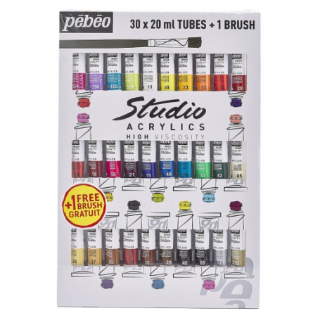 Pebeo studio zestaw farb akrylowych 30x20ml + pędzel - Sklep plastyczn