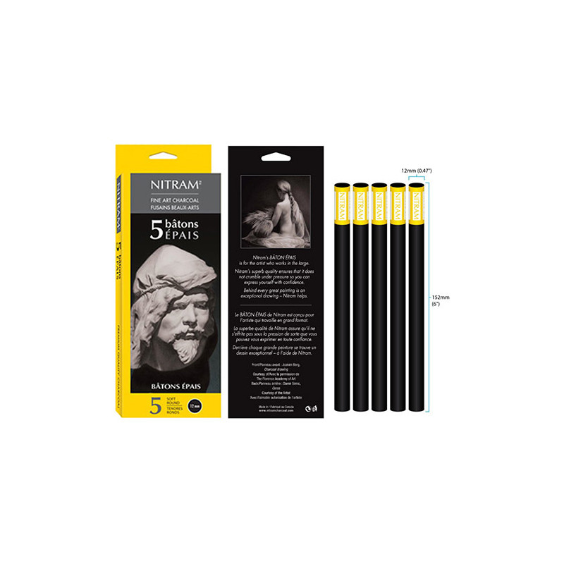 Nitram drawing charcoal natural round 12mm 5pcs - art store