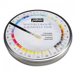 Pebeo set of watercolors in a cube 24 colors + brush metal box
