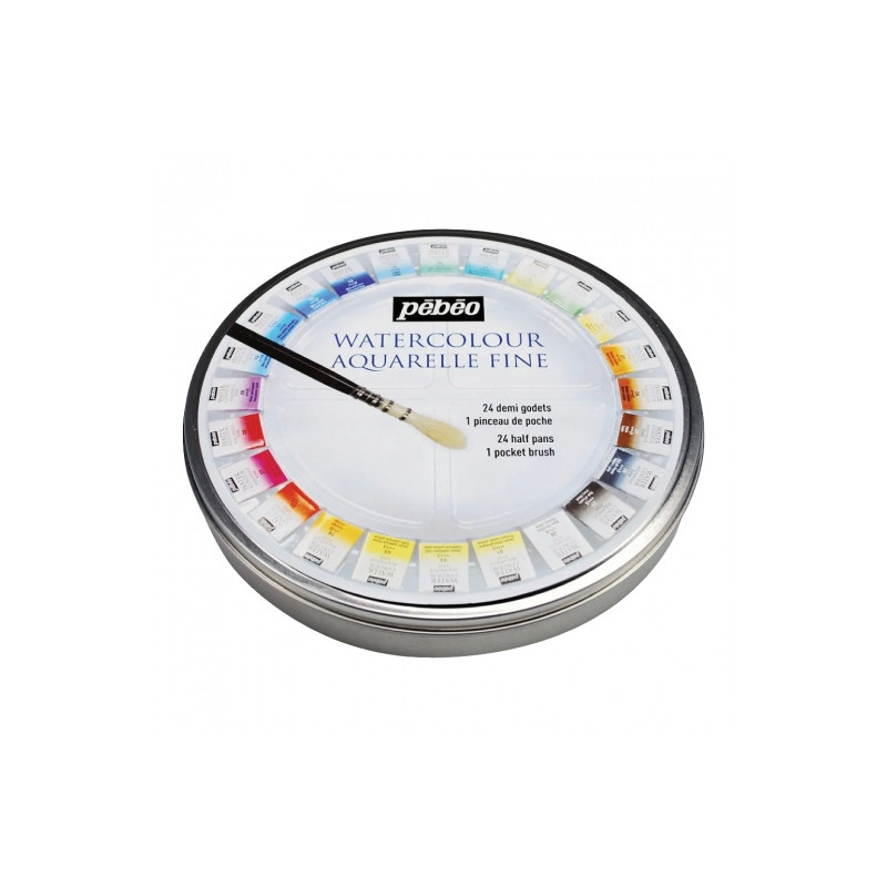 Pebeo set of watercolors in a cube 24 colors + brush metal box