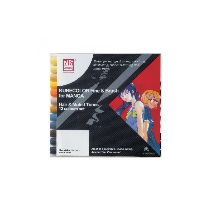 Kurecolor fine & brush manga hair & muted set of 12 markers