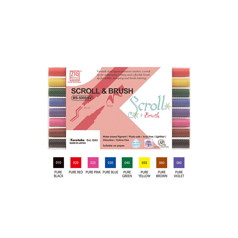 Kuretake zig scroll&brush zestaw 8 pisaków do kaligrafii - sklep plast