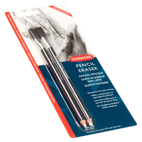 Derwent eraser in pencil with a brush on a blister pack of 2