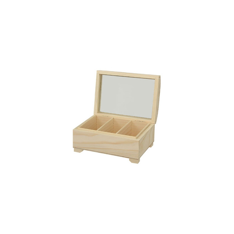 Drewniany kuferek na nóżkach z lusterkiem, 3 przegródki - sklep plasty