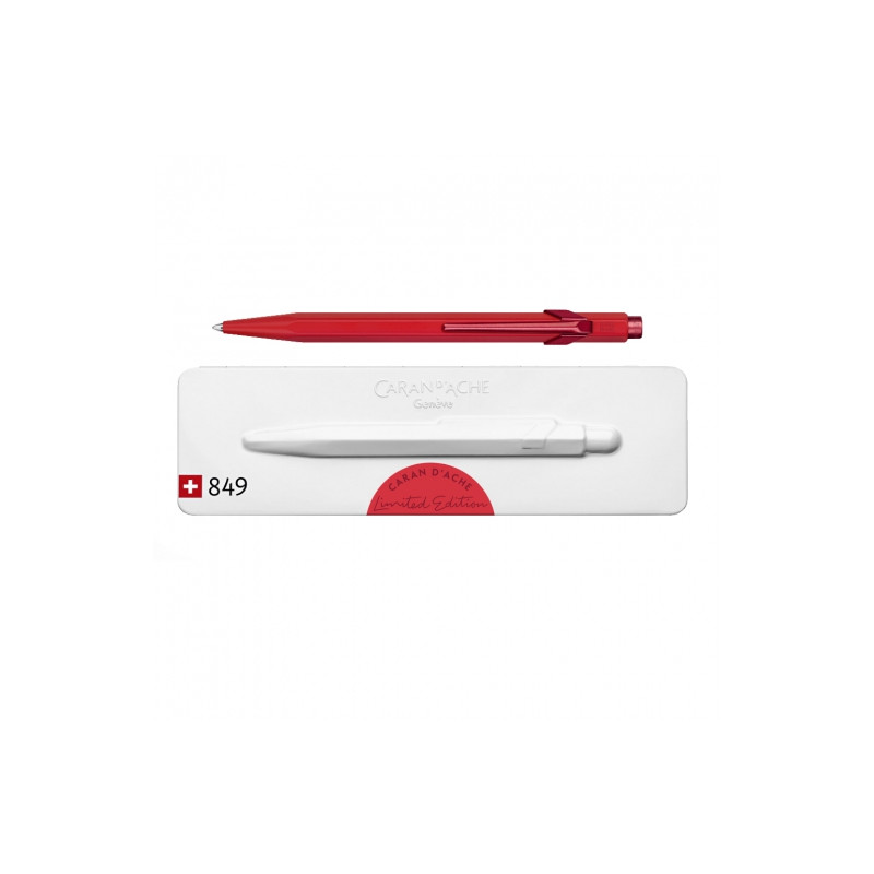 Caran'dAche 849 roller pen in a scarlet red pouch