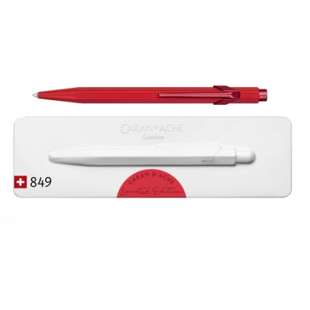 Caran'dAche 849 roller pen in a scarlet red pouch