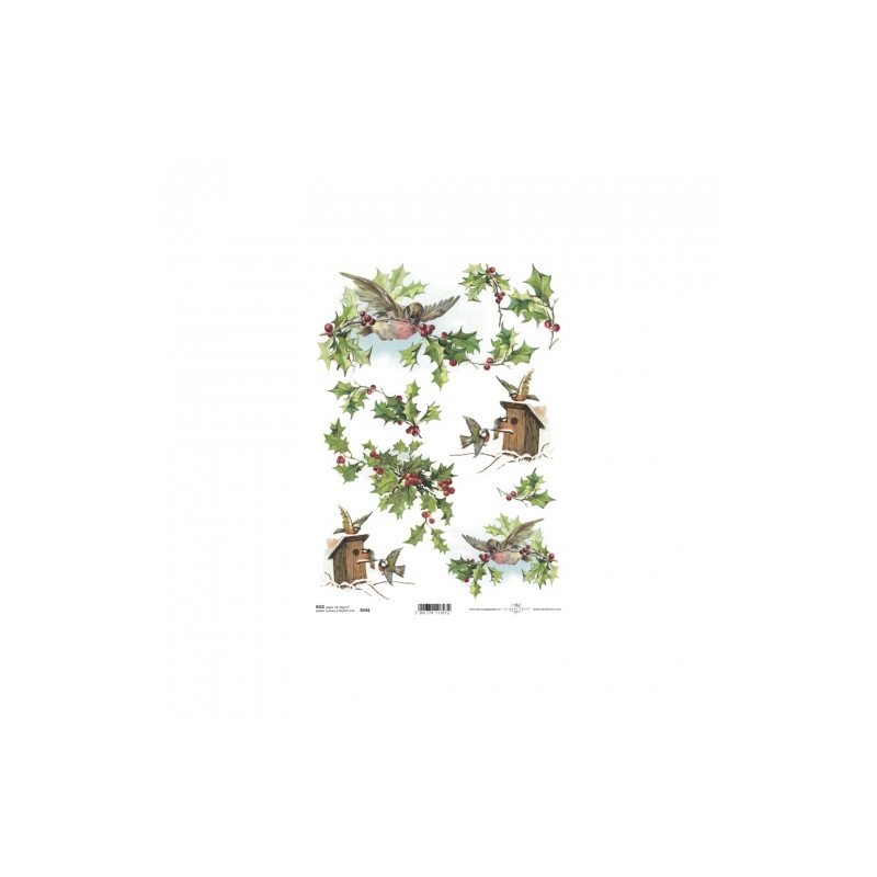 Rice decoupage paper holly birds A4 ITD R594