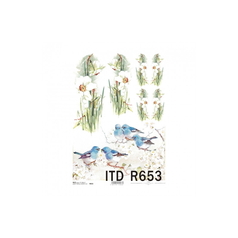 Papier ryżowy do decoupage A4 ITD R653 żonkile ptaki - sklep plastyczn