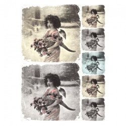Rice decoupage paper retro girl with flowers A4 ITD R264