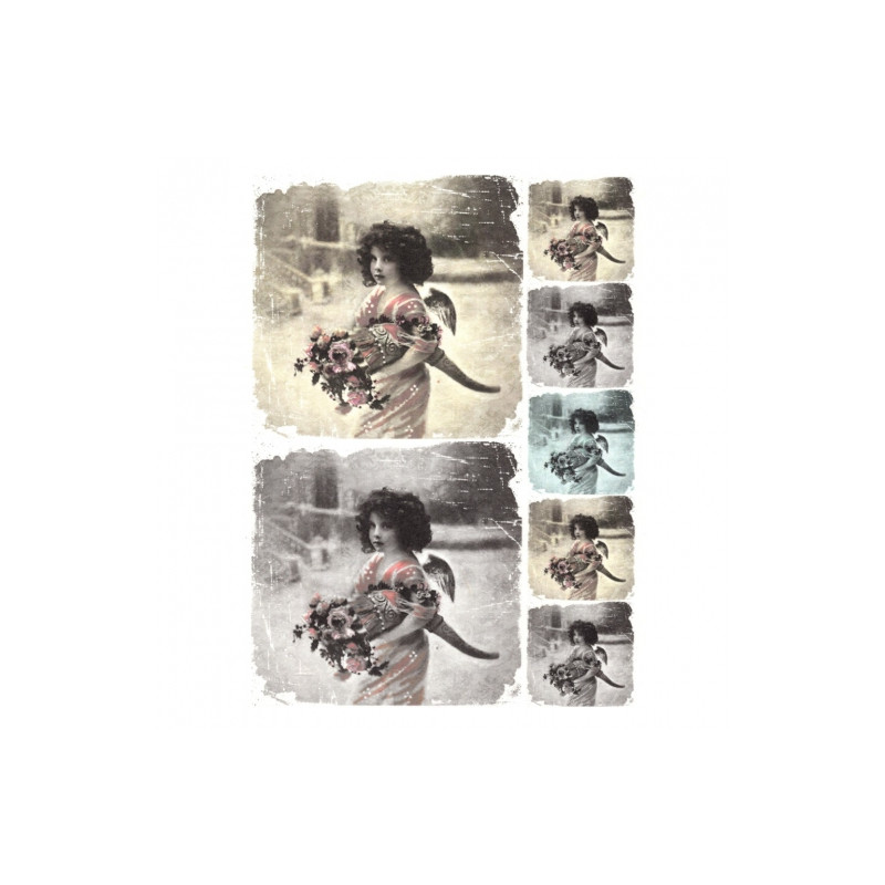 Papier ryżowy do decoupage retro dziewczynka z kwiatami A4 ITD R264 -