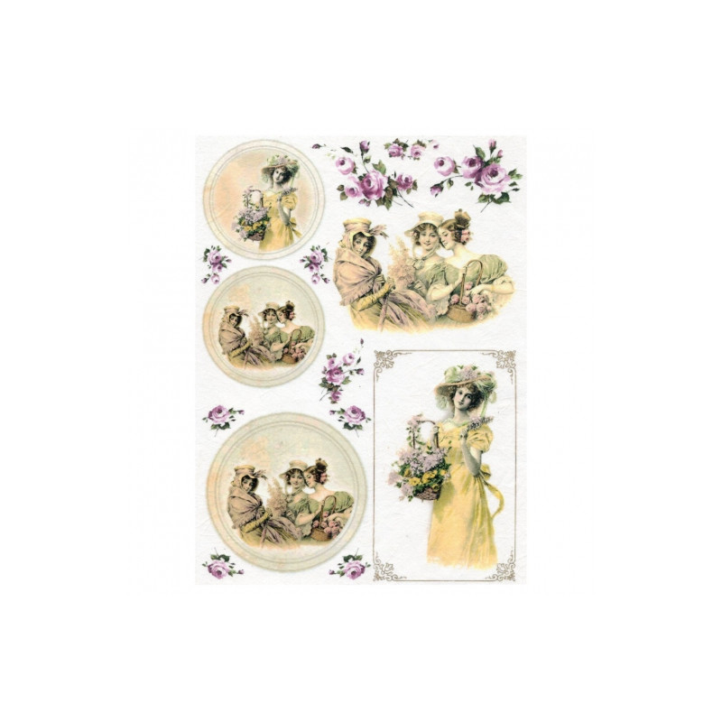 Rice paper for decoupage vintage women flowers A4 ITD R364