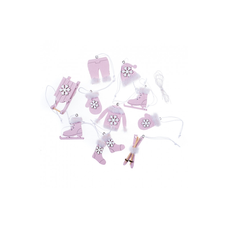DP Craft wood shapes winter motifs with fur and a pendant 12 pcs pink
