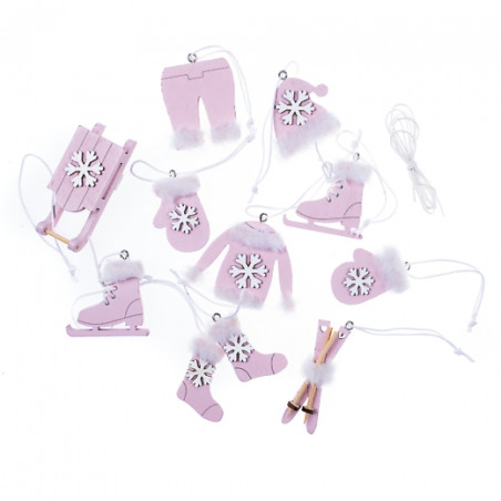 DP Craft wood shapes winter motifs with fur and a pendant 12 pcs pink
