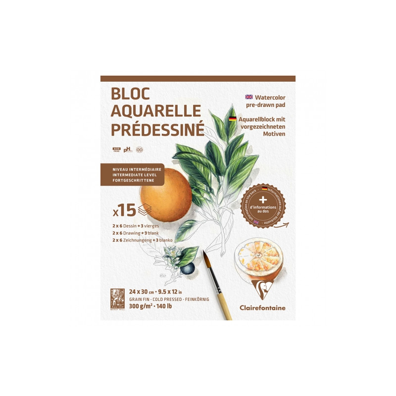 Blok Clairefontaine botanical akwarelowy z gotowym szkicem 24x30cm 300