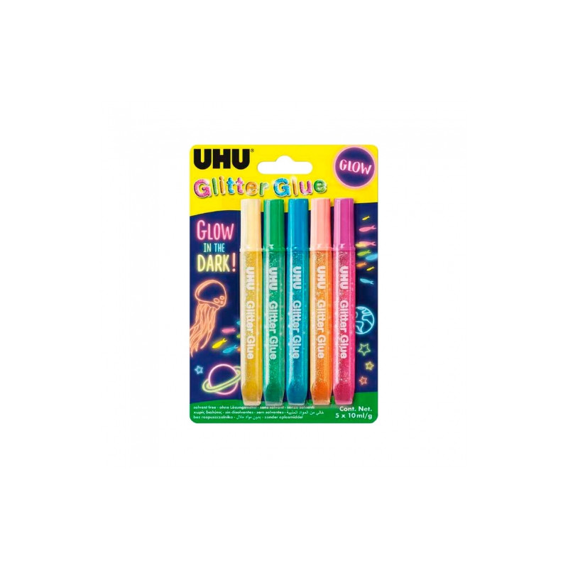 UHU glitter glue glow in the dark 5x10ml - sklep plastyczny - szał dla