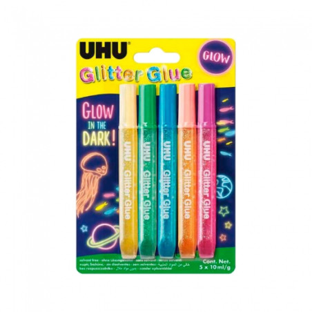UHU glitter glue glow in the dark 5x10ml - sklep plastyczny - szał dla