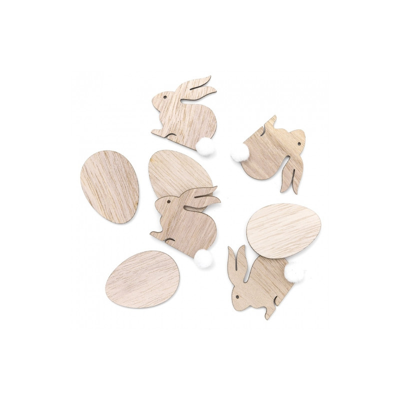 DP Craft wooden elements rabbits and eggs 4cm 8pcs neutral
