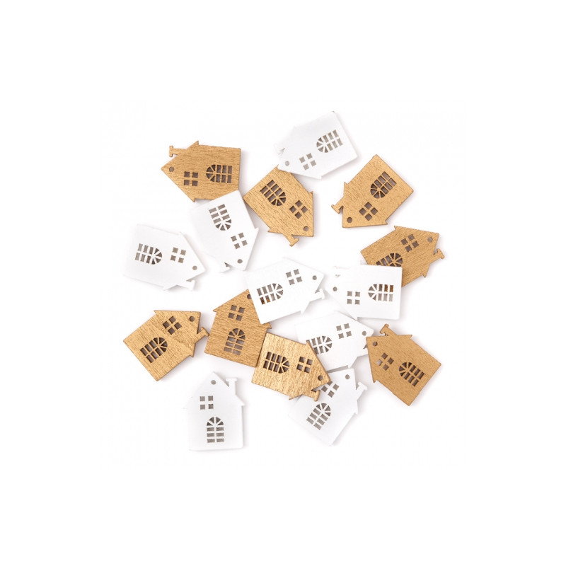 DP Craft self-adhesive wooden houses white&gold 16pcs