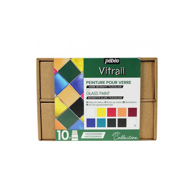 Pebeo vitrail glass set 9 paints 45 ml with accessories
