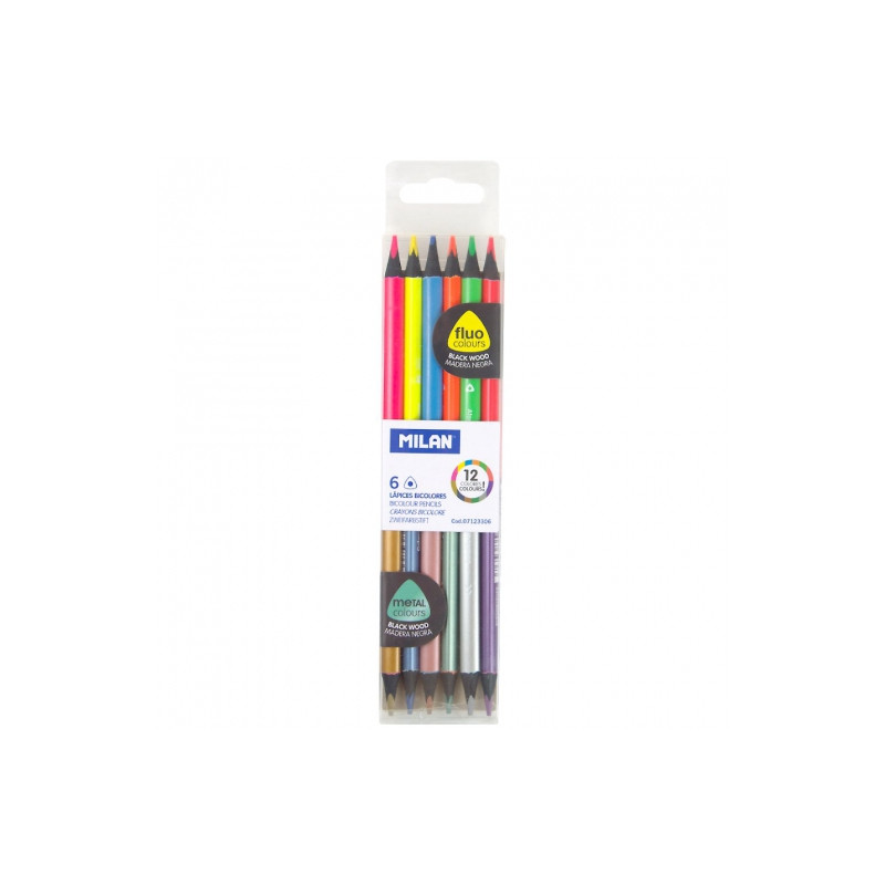Milan bicolor set of double-sided fluo and metallic colored pencils 6