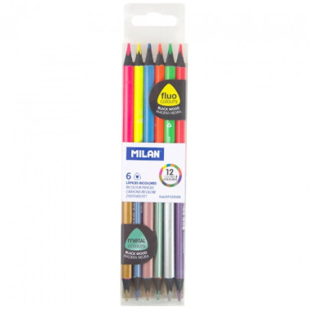 Milan bicolor set of double-sided fluo and metallic colored pencils 6