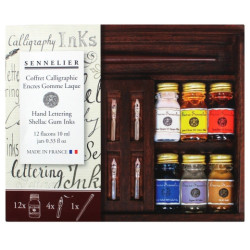 Sennelier set of 12 10 ml calligraphy inks with accessories