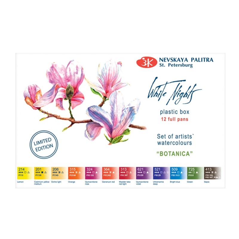 Białe noce farby akwarelowe botanica 12 kolorów plastikowe opakowanie