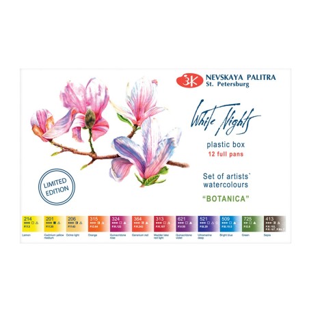 Białe noce farby akwarelowe botanica 12 kolorów plastikowe opakowanie
