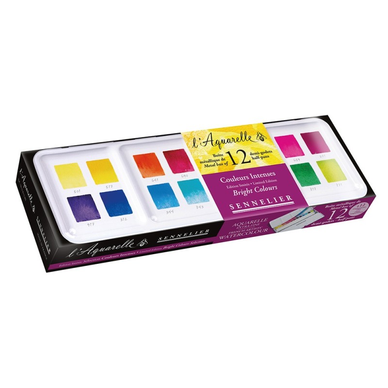 Sennelier l'aquarelle Bright colours zestaw akwareli w półkostkach 12 sztuk metalowe etui