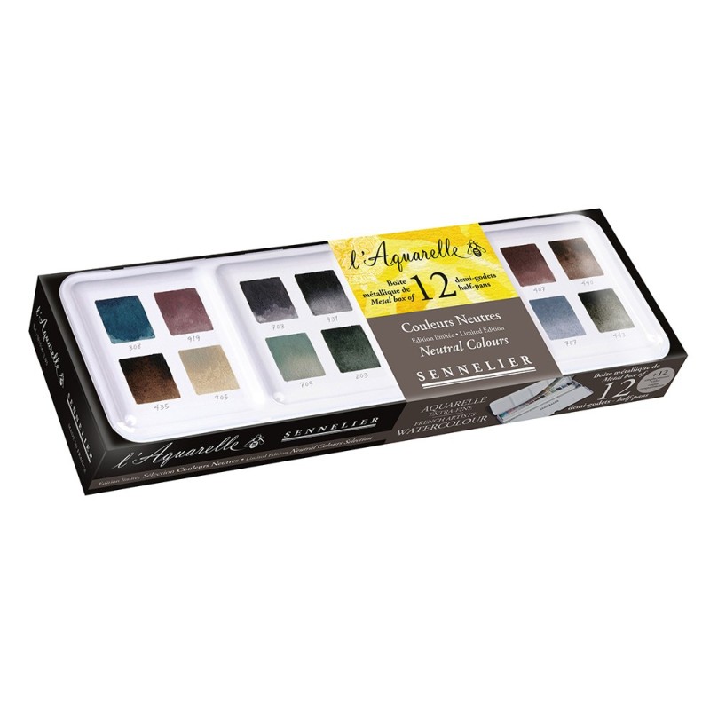 Sennelier l'aquarelle Neutral colours zestaw akwareli w półkostkach 12 sztuk metalowe etui